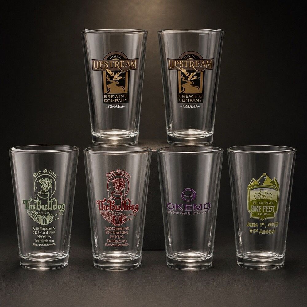 Mixed Lot 6 Pint Beer Glasses Upstream Bulldog Okemo Buena Vista Breweriana